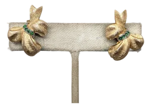 Vintage Signed Crown Trifari Goldtone Faux-Peridot Bow Clip Earrings-2 Pieces