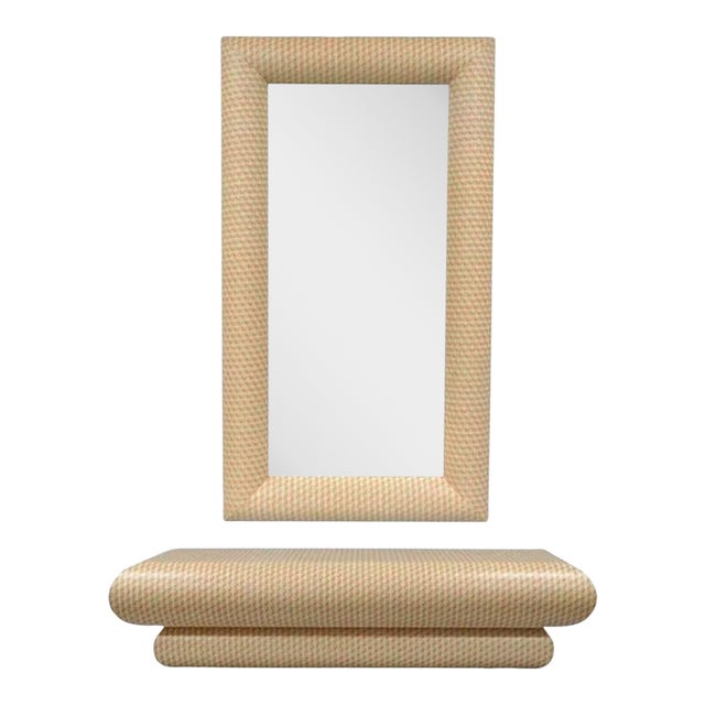 1970s Karl Springer Style Orange and White Wall Mounted Console Table & Mirror - Set of 2 For Sale