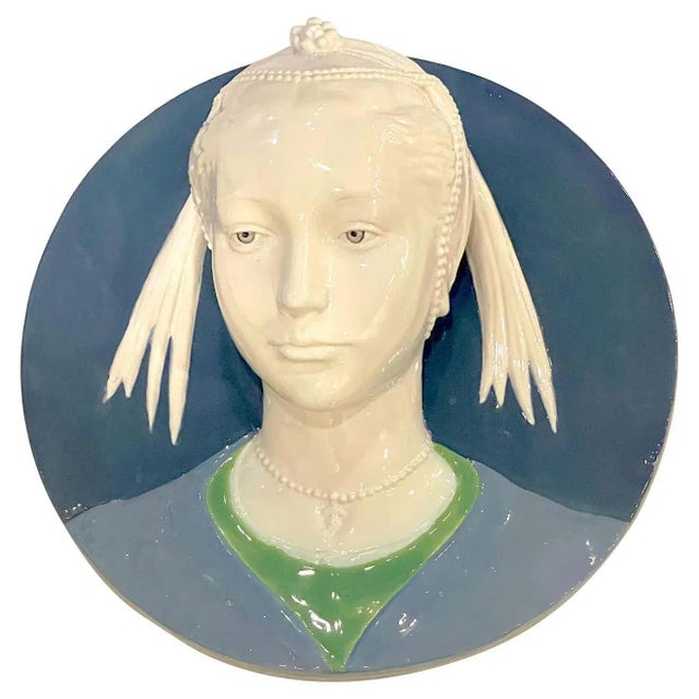 Della Robbia Style Sculpted Portrait Plaque of Jeweled Maiden, by