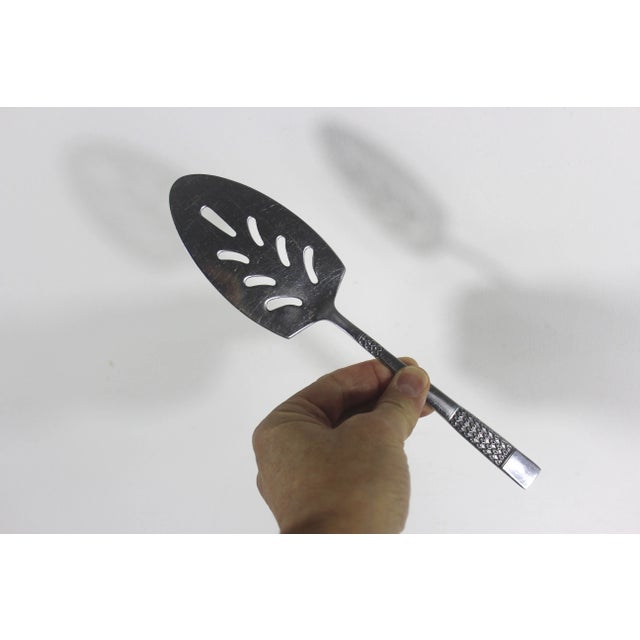 1960s Mid Century Modern Stainless Serving Set Spoon, Fork, Lifter, Set of Three Aztec Scroll For Sale - Image 10 of 10