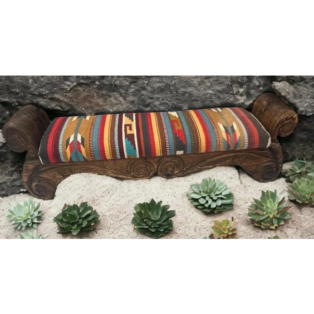 Late 20th Century Rustic Hand Carved Mexican Wooden Bench With New Zapotec Tapestry Seat From Oaxaca For Sale - Image 5 of 8