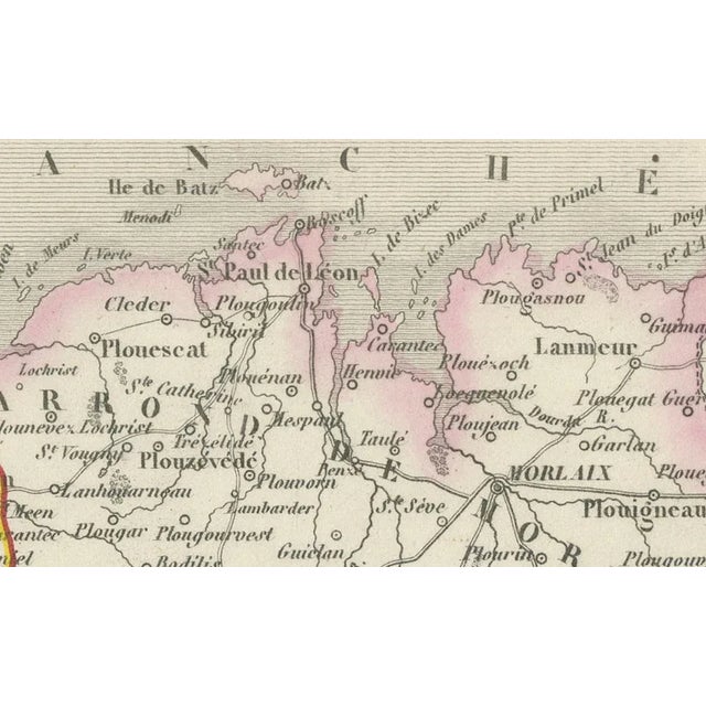 Map of Finistère France with Brest, Quimper and Brittany Coastline, 19th Century : This richly engraved 19th-century map...