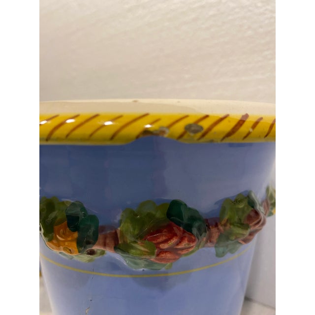 Cornflower Blue 1970s Hand Painted Italian Red Ware Cache Pots- Set of 2 For Sale - Image 8 of 9