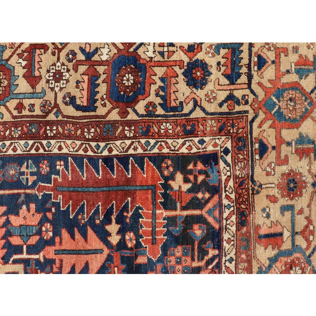 Early 20th Century Antique Persian Heriz Rug With All-Over Sub-Geometric Design on a Blue Field For Sale - Image 5 of 16