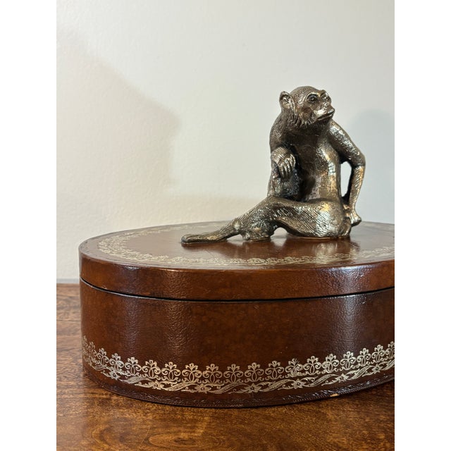 Hollywood Regency Vintage Leather Decorative Box Attributed to Maitland Smith With Metal Monkey For Sale - Image 3 of 9