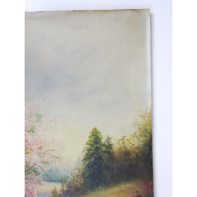 English Vintage Creekside Landscape Painting With Pink Flowering Tree For Sale - Image 3 of 7