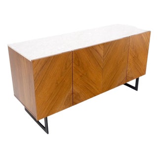 Walnut 4 Doors Credenza Marble Carrara Top Bracket Leg Mint For Sale