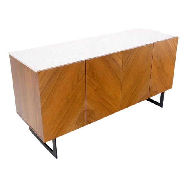 Walnut 4 Doors Credenza Marble Carrara Top Bracket Leg Mint For Sale