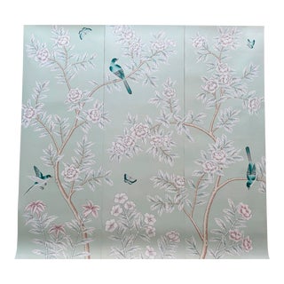 Hand-Painted Wallpaper Mural on Celadon Green - Set of 3 For Sale