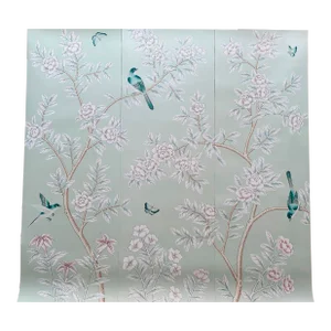 Hand-Painted Wallpaper Mural on Celadon Green - Set of 3