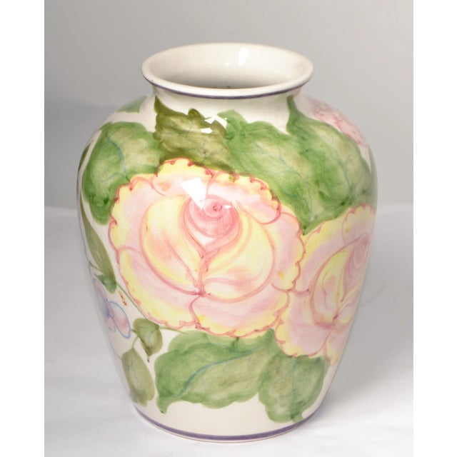 French Country Vintage 1960s Mediterranean Hand Painted Glazed Flower Vase Rose Motif For Sale - Image 3 of 12