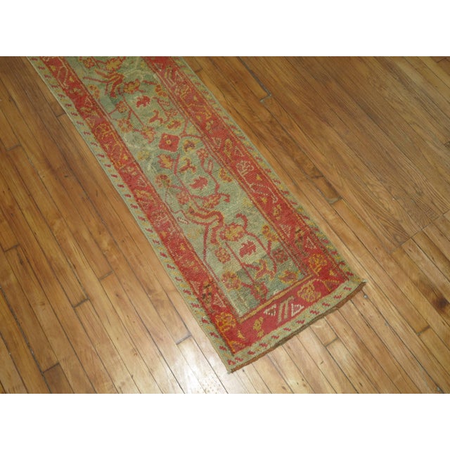 Early 20th Century Sage Green Narrow Antique Oushak Runner For Sale - Image 5 of 5