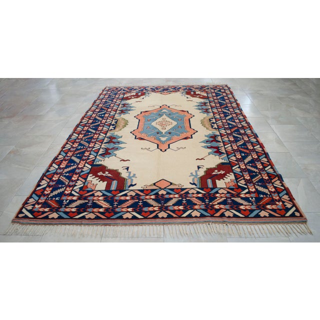 Textile Vintage Nomad Oushak Rug Thin Pile Wool Rug Handwoven Turkish Rug- 6'9 X 9'9 For Sale - Image 7 of 11