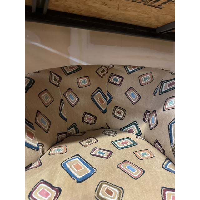 1970s Pair of Fun Design Covered Tan Chairs on Wheels- Missing 1 Wheel For Sale - Image 9 of 10