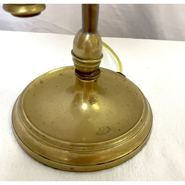 Metal Antique Brass 3-Candle Lamp Converted to Electric With Adjustable Lampshade For Sale - Image 7 of 12