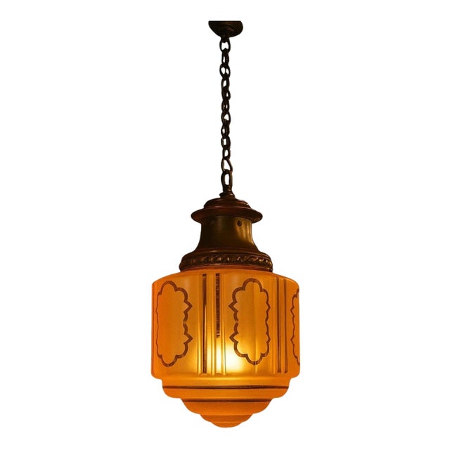 Antique Art Nouveau Flame Glass and Bronze Pendant Light, 1910 For Sale