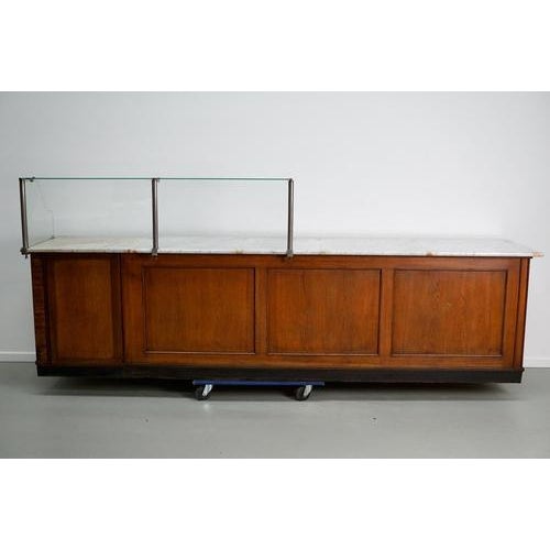 Large Antique Art Deco German Oak & Marble Chocolate Shop Counter, 1920s For Sale - Image 3 of 18