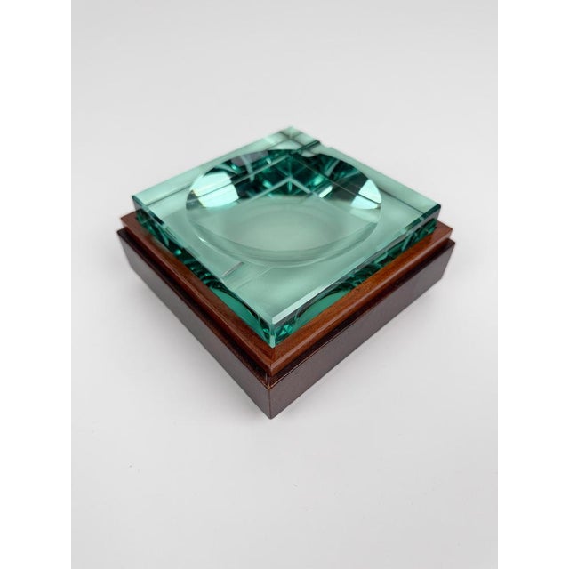 Mid-Century Italian Green Cut Glass and Leather Ashtray in the style of Fontana Arte, 1970s For Sale - Image 11 of 16