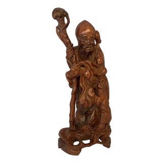 Antique Carved Rosewood Chinese God of Longevity Figurine For Sale