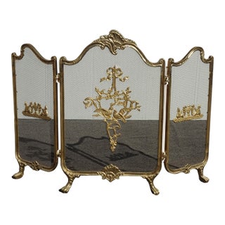 Vintage French Provincial Ribbons Love Birds Gold Brass Fireplace Screen #1 For Sale