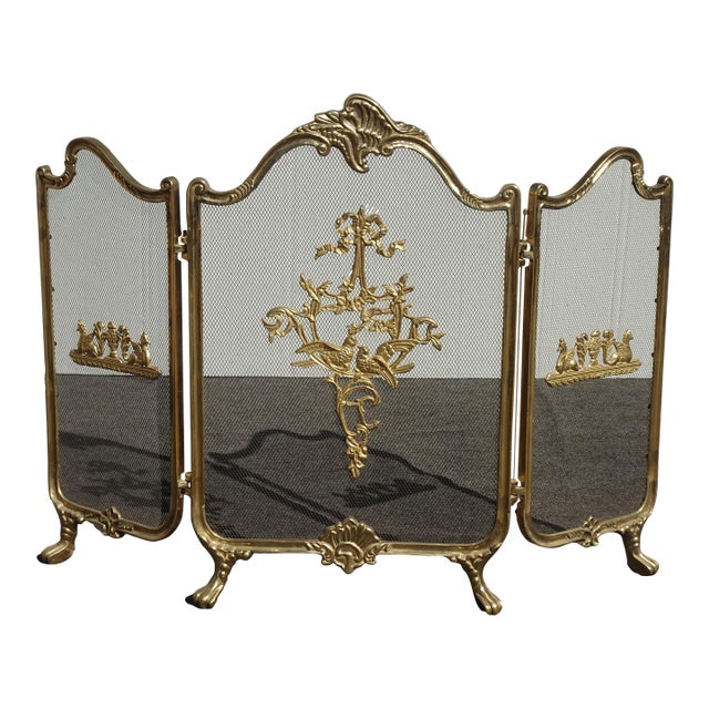 Vintage French Provincial Ribbons Love Birds Gold Brass Fireplace Screen #1 For Sale