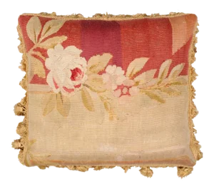 19th Century French Roses & Tassels Aubusson Tapestry Pillow