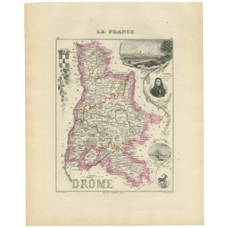 Map of Drôme France with Valence and Rhône Valley Wine Region, 1800s For Sale
