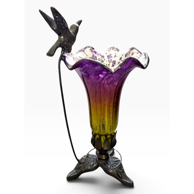 Art Nouveau Vintage Hummingbird Flower Art Glass Table Lamp | Purple & Amber | Made in India For Sale - Image 3 of 7