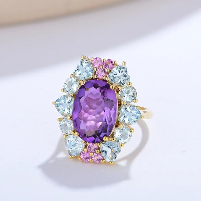 Not Yet Made - Made To Order Nina Zhou Margeret Amethyst Aquamarine Pink Sapphire Cocktail Ring in 14k Yellow Gold, size 6.5 For Sale - Image 5 of 8