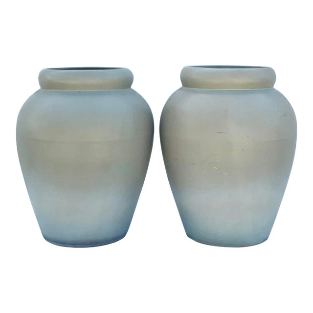 Vintage Contemporary Pair of Matte Sage Green Urns For Sale