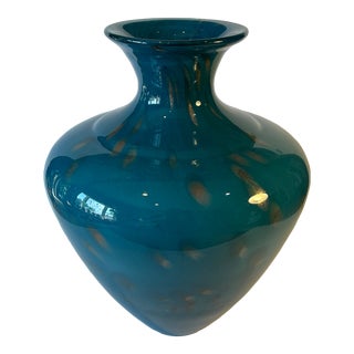 Murano-Style Large Bulbous Shape Teal Art Glass Vase With Scattered Gold Speckled Ovals For Sale