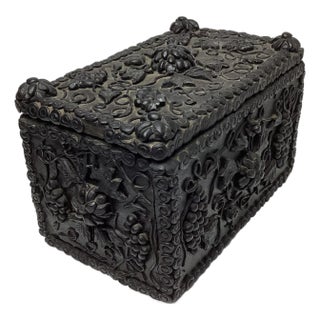 Antique Applied Raised Leather Box With Grapes and Flowers For Sale