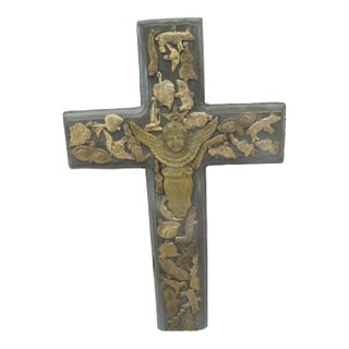 Mexican Folk Art Milagros Guardian Angel Charms Turquoise Hand Carved Wood Cross For Sale
