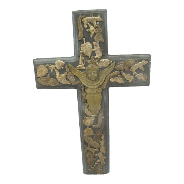 Mexican Folk Art Milagros Guardian Angel Charms Turquoise Hand Carved Wood Cross For Sale