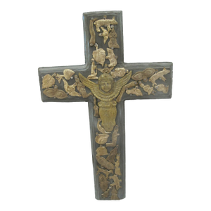 Mexican Folk Art Milagros Guardian Angel Charms Turquoise Hand Carved Wood Cross