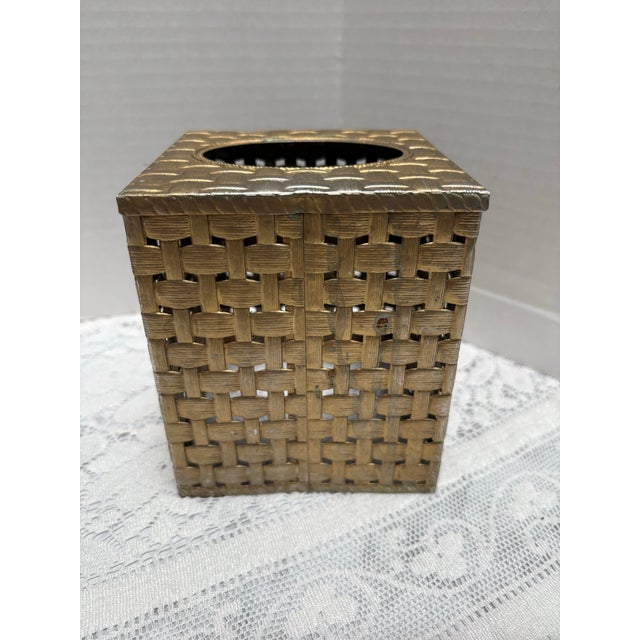 Vintage mid-century 1960s, 1970s brass basket, weave style design textured tissue box cover for boutique tissues. One side...