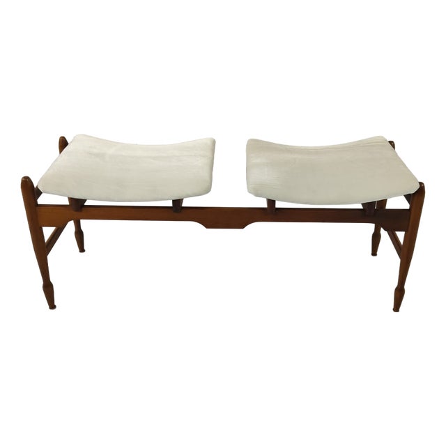 Vintage Brown and White Wooden Bench, 1950 For Sale
