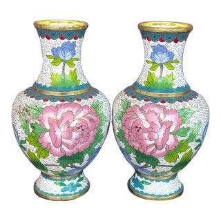 Pair of Vintage Cloisonné Enamel Peony Vases With Bird Motif For Sale