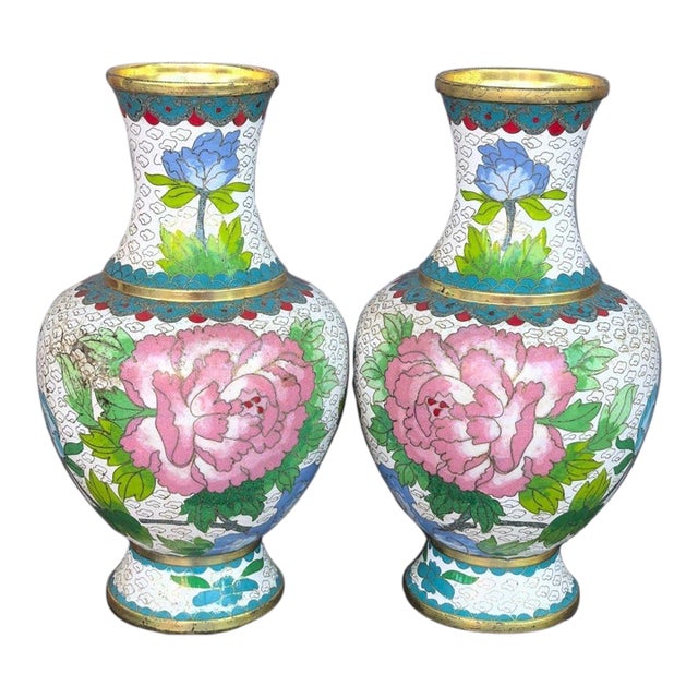 Pair of Vintage Cloisonné Enamel Peony Vases With Bird Motif For Sale