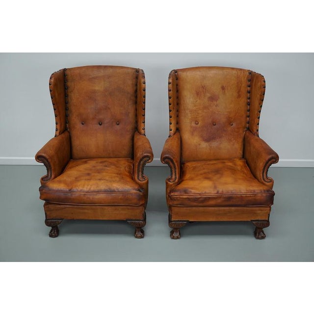 Dutch Cognac Leather Wingback Club Chairs, Set of 2 For Sale - Image 9 of 18
