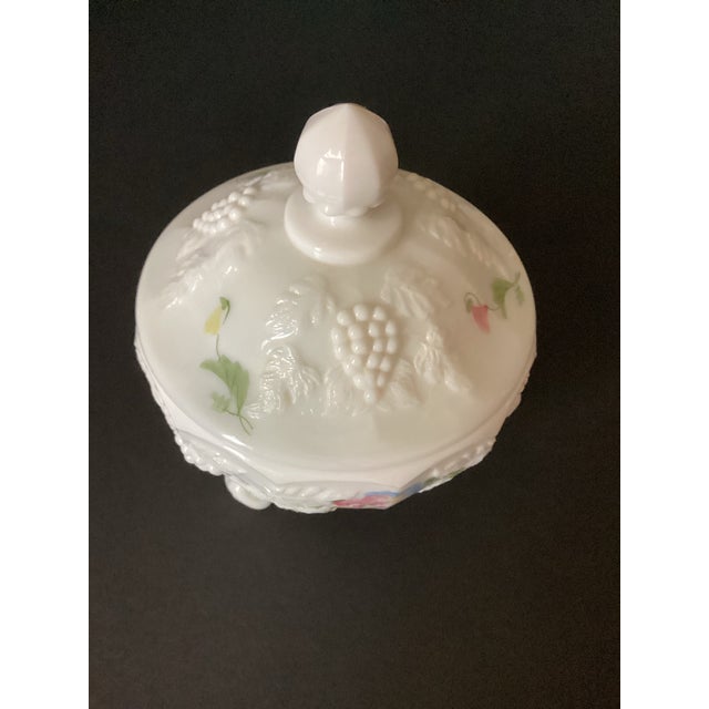 1950s Westmoreland Vintage 1950’s Milk Glass Covered Candy Jar Round Vanity Jar Floral Footed For Sale - Image 5 of 8