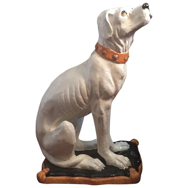 Large Hollywood Regency Glazed Terracotta Majolica Dog Statue For Sale - Image 13 of 13