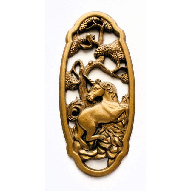 Hollywood Regency 1970's Gilded Wall Plaque Pair/Mythical Creatures/Antique Gold For Sale - Image 3 of 4
