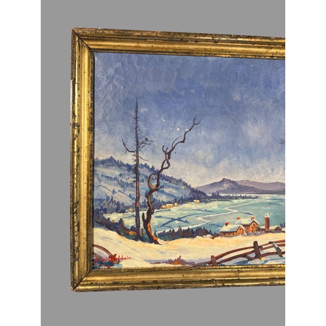 Primitive Antique Country Gilt Framed Snowy Landscape Oil Painting Canvas Signed In good original condition showing some...