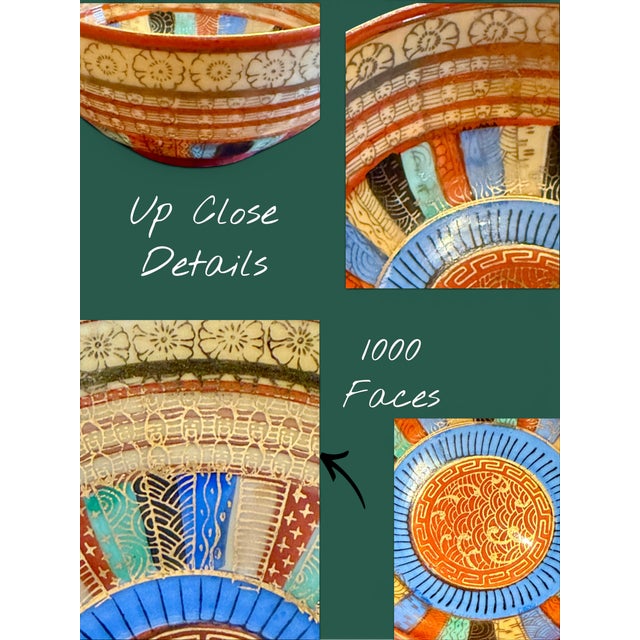 Orange Antique Japanese 1000 Faces Porcelain Tea Cups & Saucers-Set of 3-Art Deco-Asian For Sale - Image 8 of 11
