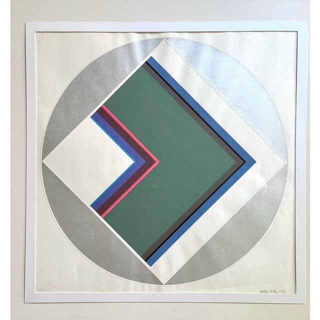 "Untitled" by American artist Fletcher Benton (1931–2019).The piece features a diamond shape with green, blue, pink, and...