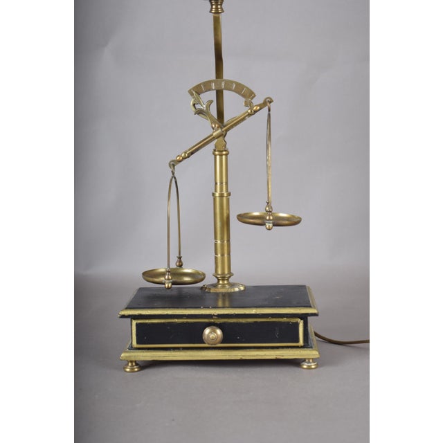 Brass Balance Scale Table Lamp with Drawer Base and Pleated Shade, 1950s For Sale - Image 6 of 14