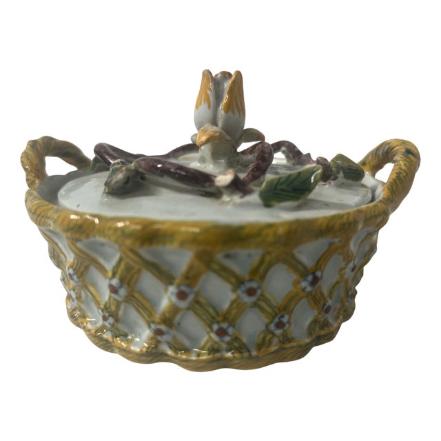 Polychrome Earthenware Butter Dish with Two Handles For Sale