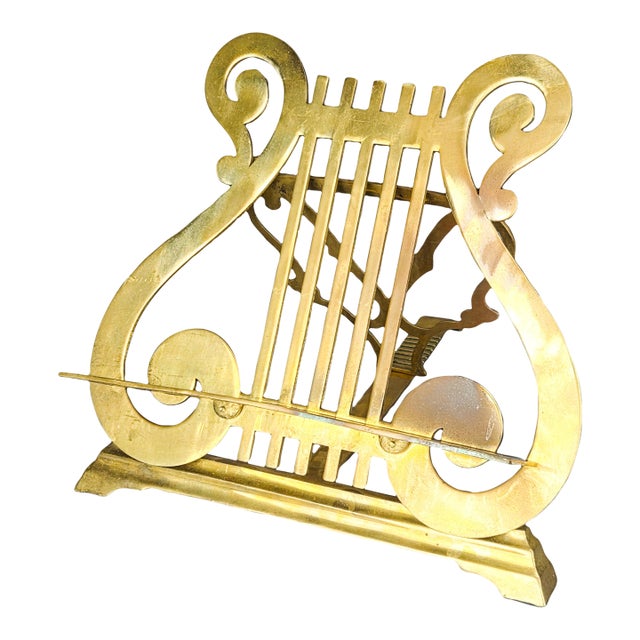 Large Vintage Solid Brass Lyre Harp Adjustable Book Stand Holder For Sale