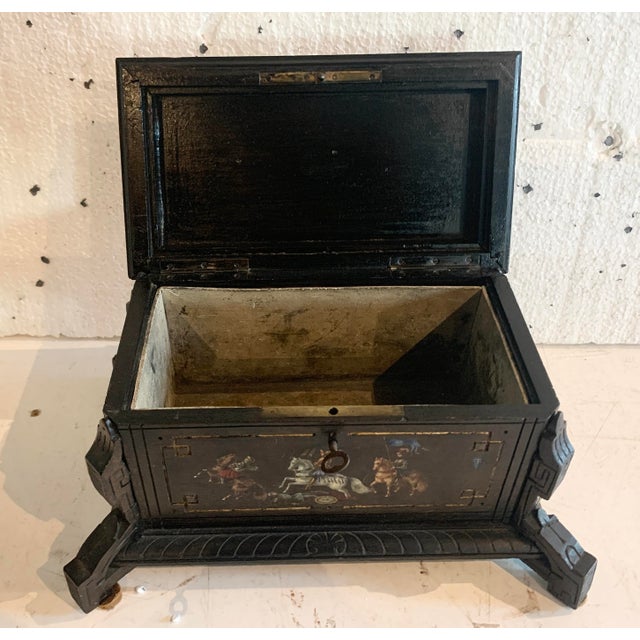 19th Century Carved Black Wood Jewelry Box with Polychrome Decoration For Sale - Image 4 of 13